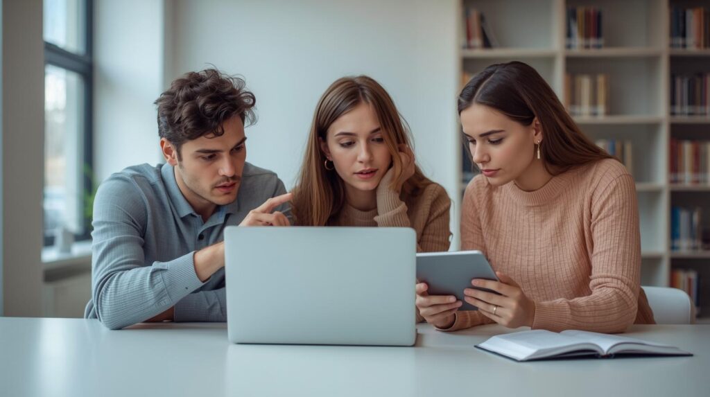 Estudantes adultos em mesa de estudo colaborando em um projeto acadêmico utilizando laptop aberto e tablet.