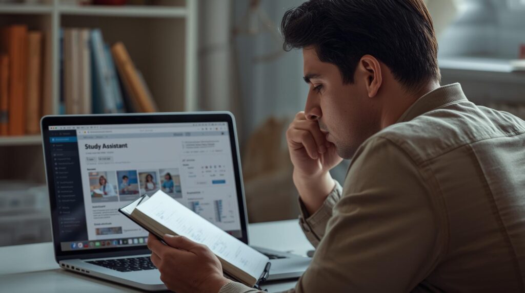 Estudante adulto utilizando laptop para estudar enquanto revisa anotações em um caderno aberto. Na tela do computador aparece uma interface de assistente de estudo digital (sem marcas ou logotipos).