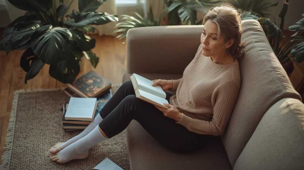 Mulher adulta sentada no chão com as costas apoiadas no sofá, cercada de livros abertos e caderno no colo, em ambiente doméstico acolhedor com luz natural.