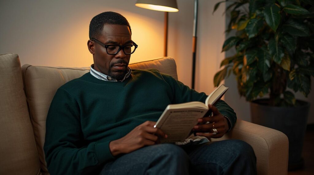 Homem adulto sentado no sofá de casa, lendo livro aberto com expressão concentrada e reflexiva, em ambiente doméstico claro com planta ao fundo.