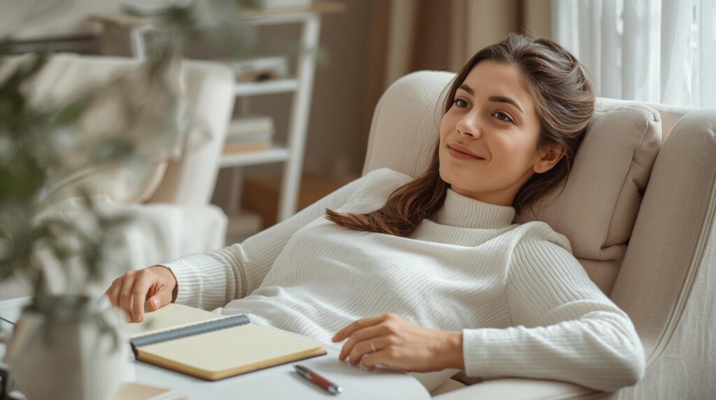 Mulher adulta recostada na cadeira com expressão serena e satisfeita, olhando levemente para frente, em ambiente doméstico acolhedor com luz natural suave.