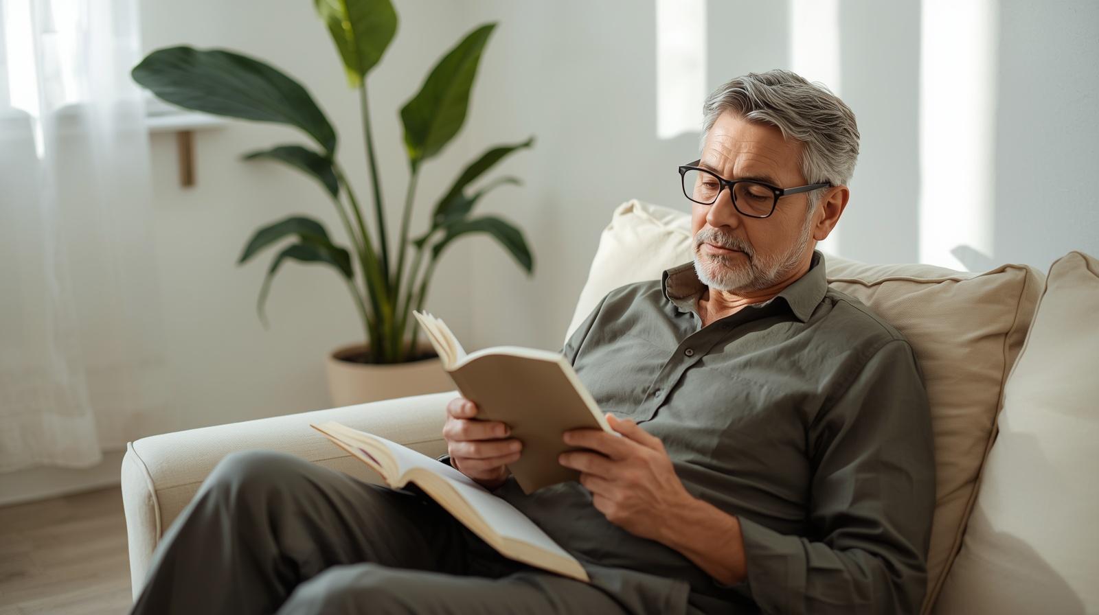 Homem adulto por volta de 45 anos com óculos de leitura, sentado no sofá de casa, lendo livro aberto com expressão concentrada e tranquila, em ambiente claro com planta ao fundo.