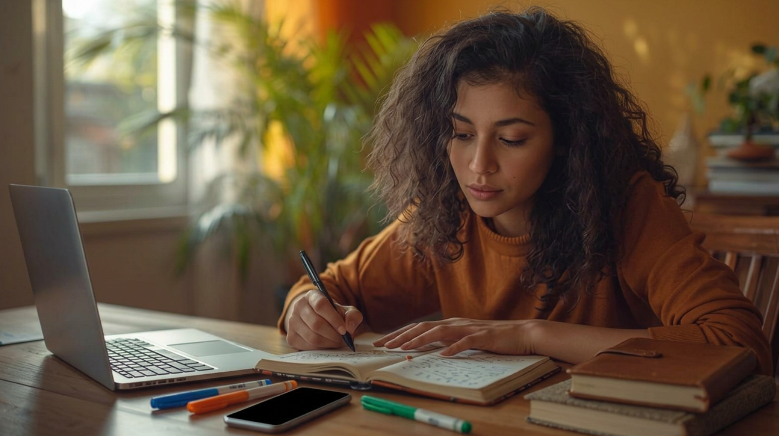 Jovem brasileira com cabelos cacheados escreve em caderno com laptop e marcadores coloridos — criatividade e aprendizagem em ação