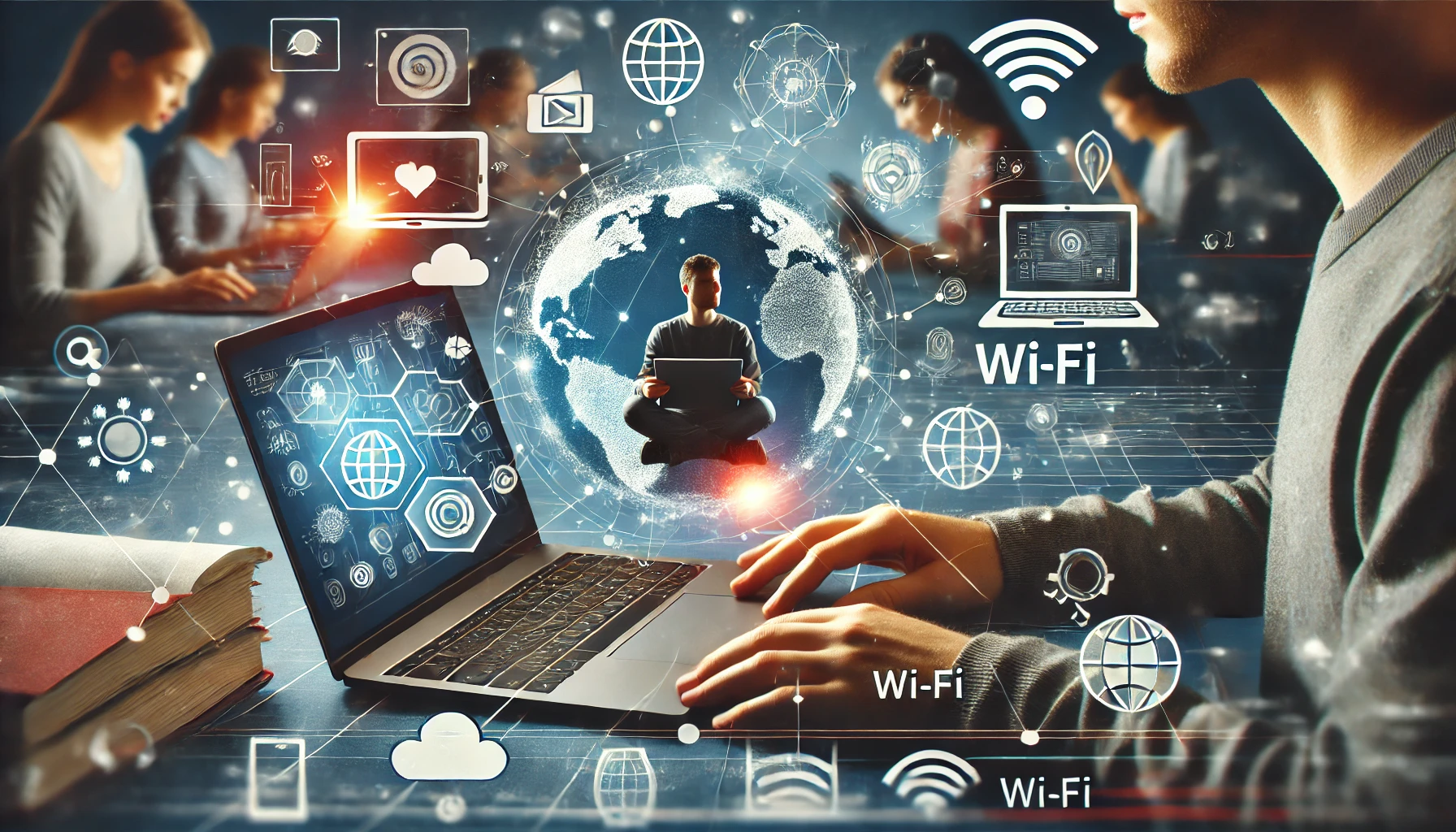 Imagem representando o impacto da cultura digital no ensino e aprendizado, com alunos utilizando dispositivos tecnológicos em um ambiente de estudo.