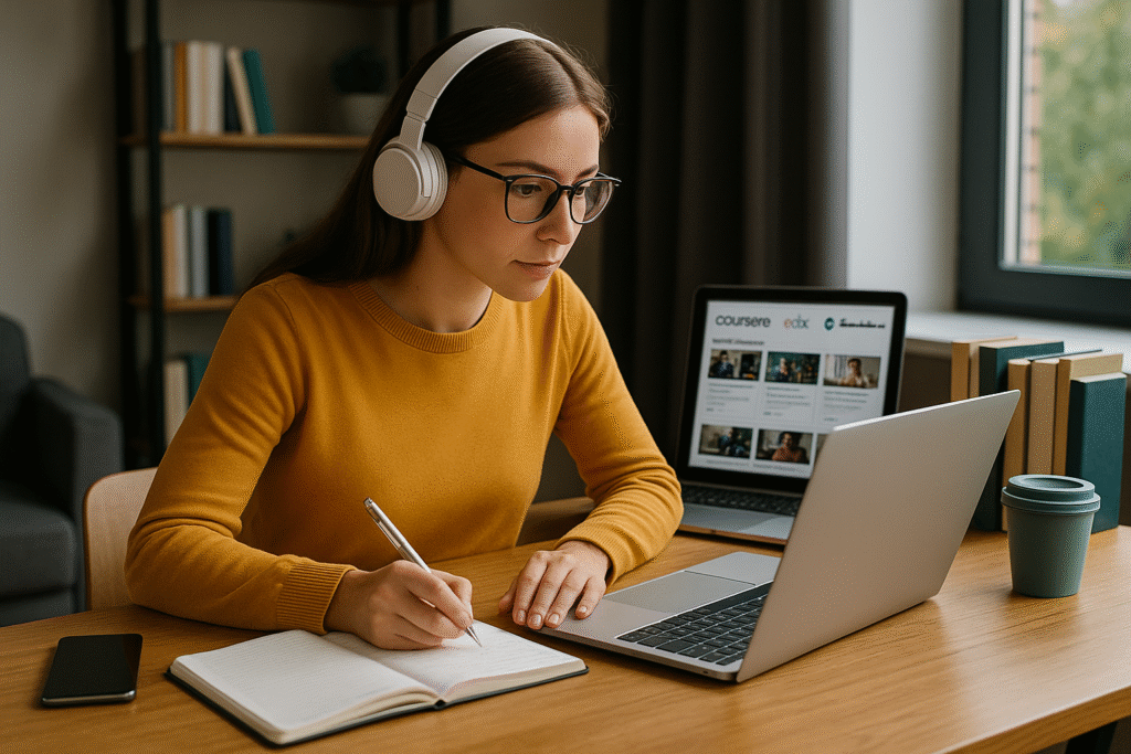 Estudante jovem com fones de ouvido e óculos, sentada à mesa de madeira em casa, estudando com notebook e caderno, com cursos online exibidos na tela do laptop e livros organizados ao fundo.