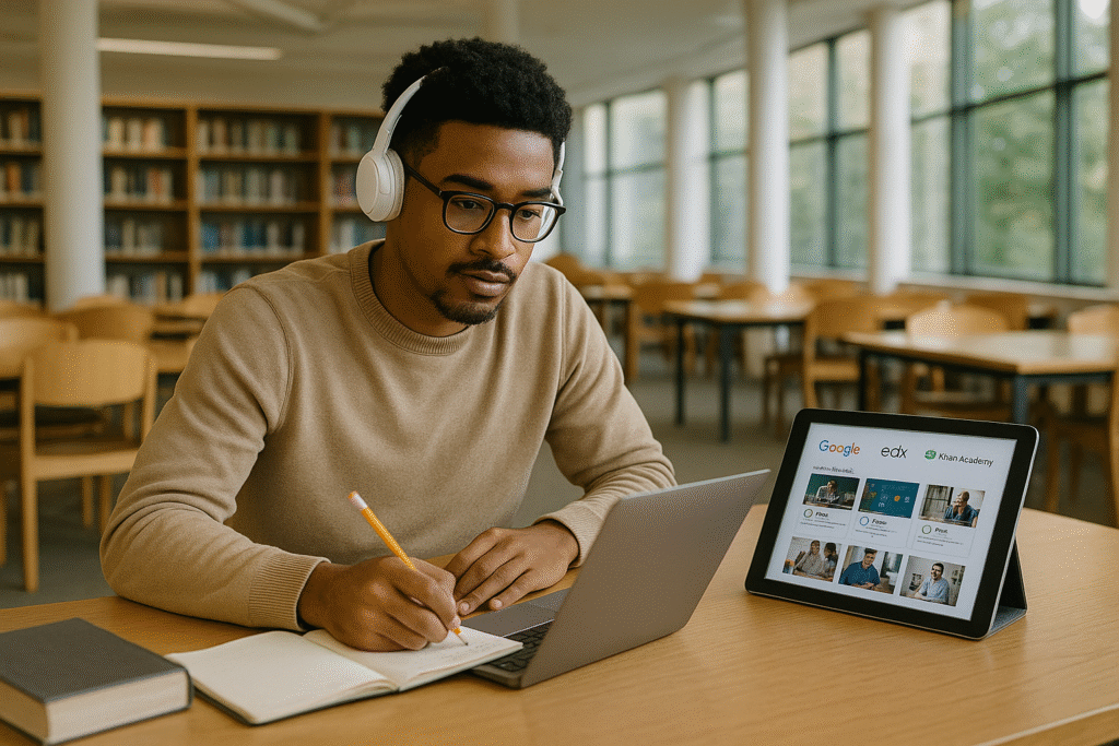 Estudante universitário escrevendo em caderno enquanto acompanha conteúdo em um tablet e laptop em uma biblioteca iluminada, com estantes ao fundo e diversas mesas ao redor.