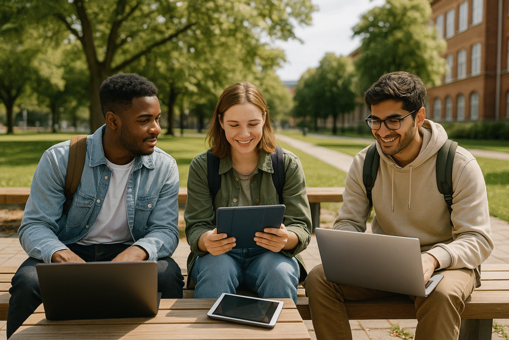 Três estudantes em um campus universitário arborizado, usando laptops e tablets enquanto colaboram sentados em bancos, representando estudo ao ar livre com uso de tecnologias digitais.