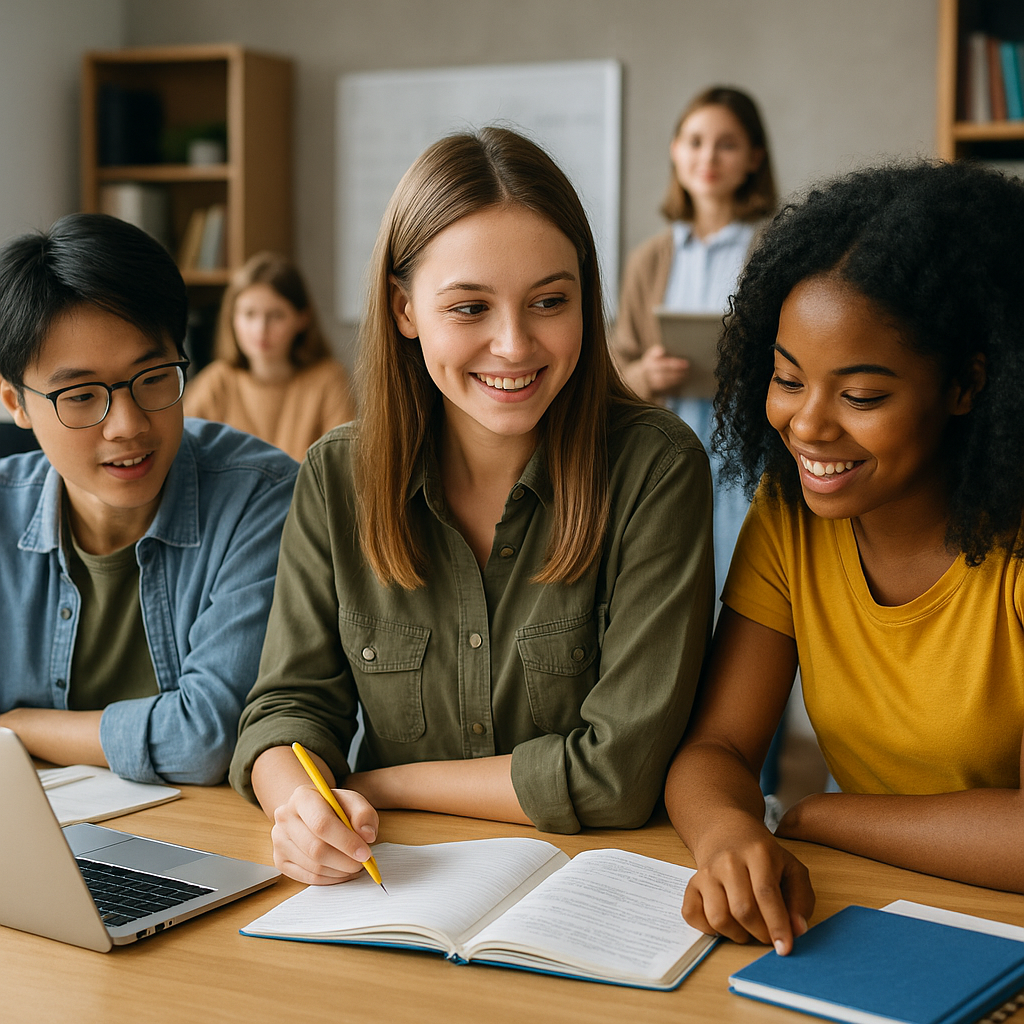 Jovem universitária sorridente interagindo com colegas em uma biblioteca moderna, cercada por livros e notebooks. O ambiente é multicultural, com estudantes colaborando em um projeto acadêmico.