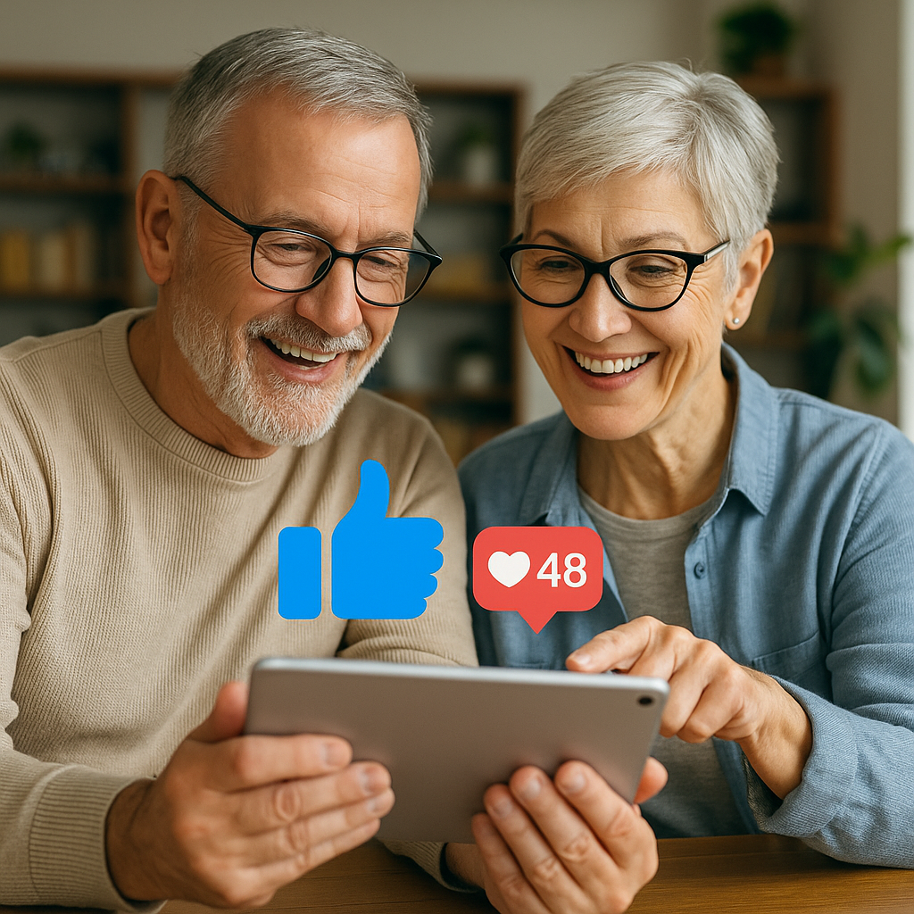 Casal de idosos sorridentes, sentados lado a lado em uma sala iluminada, usando um tablet para interagir em uma rede social educacional. Ambos demonstram entusiasmo e curiosidade, representando o aprendizado digital e social na terceira idade.
