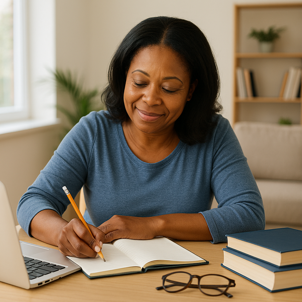 Mulher negra de aproximadamente 45 anos com cabelos ondulados até os ombros, sentada em uma sala iluminada por luz natural, escrevendo em um caderno com um lápis. Sobre a mesa há um notebook, livros e óculos, compondo um ambiente calmo e inspirador para o estudo.