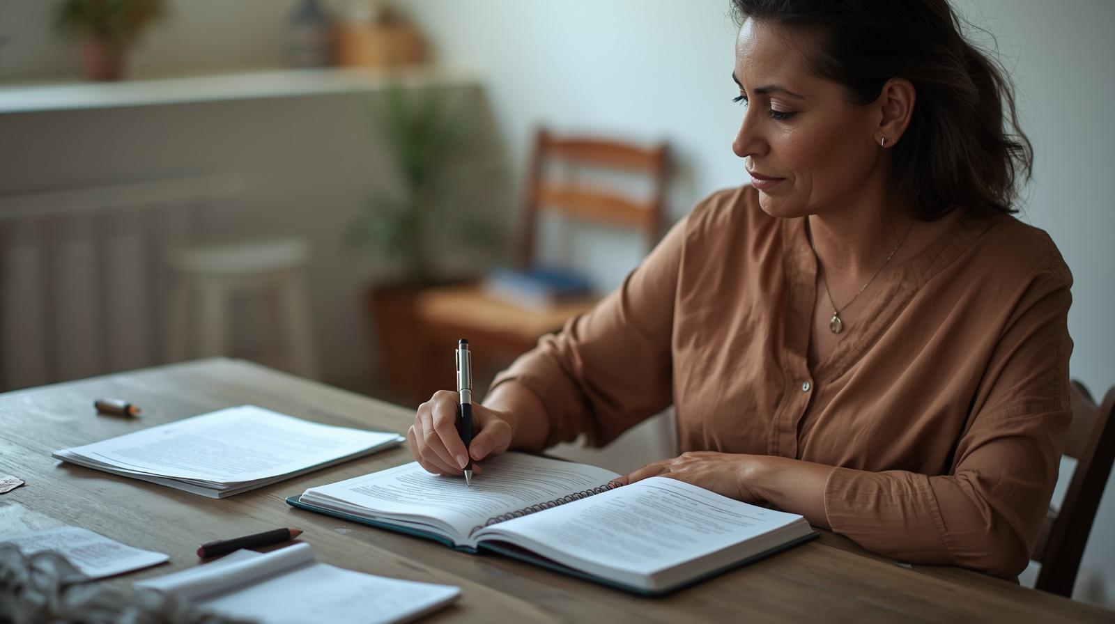 mulher adulta estudando à mesa em casa, caderno aberto, aprender ensinando