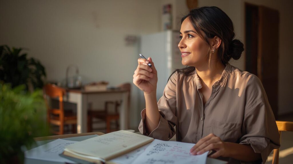 mulher adulta com caneta levantada olhando para o caderno, aprender ensinando, organização do pensamento