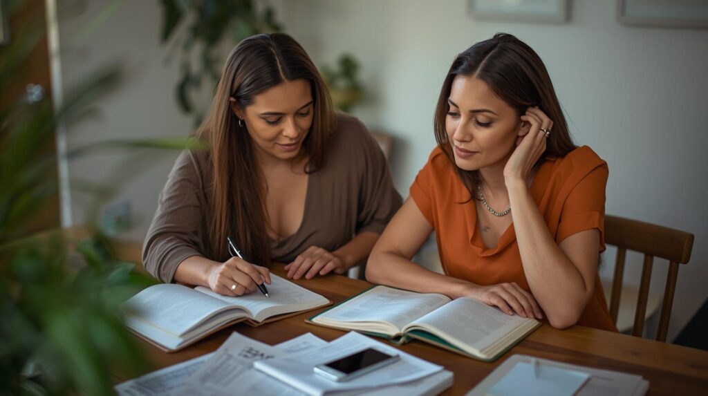 duas mulheres estudando juntas à mesa, uma aponta no caderno, ensino de pares, aprender ensinando