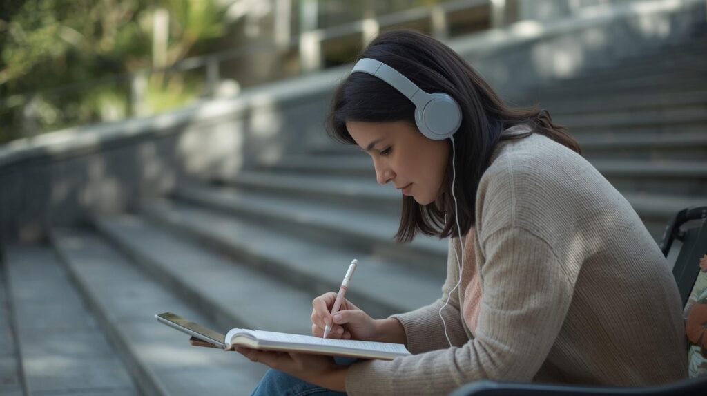 Pessoa sozinha ao ar livre anotando em caderno com fones de ouvido — aprendizado autônomo e reflexivo fora da sala de aula