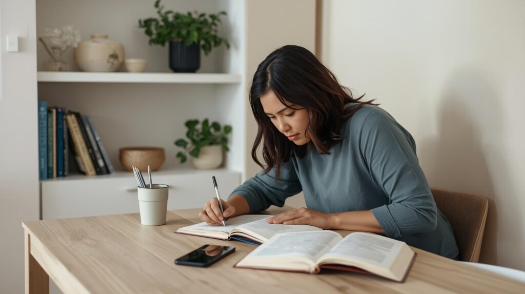 Mulher adulta escrevendo em caderno de estudos em casa — aprendizado contínuo e reflexão no cotidiano