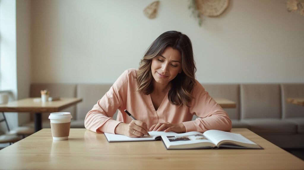 Mulher adulta escrevendo em caderno em café tranquilo — aprendizado contínuo com intencionalidade no cotidiano