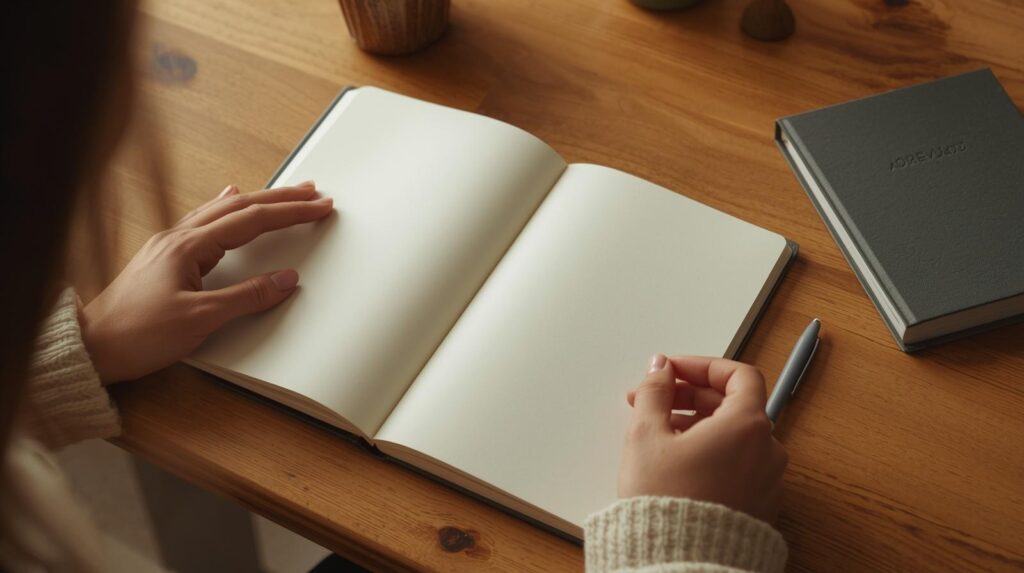 Mãos em pausa sobre caderno aberto com caneta ao lado — momento de reflexão no processo de autoconhecimento para aprender