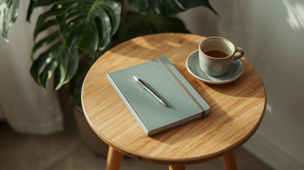 Mesa de estudo com caderno, caneta e xícara usada — ambiente de aprendizagem consciente e autoconhecimento