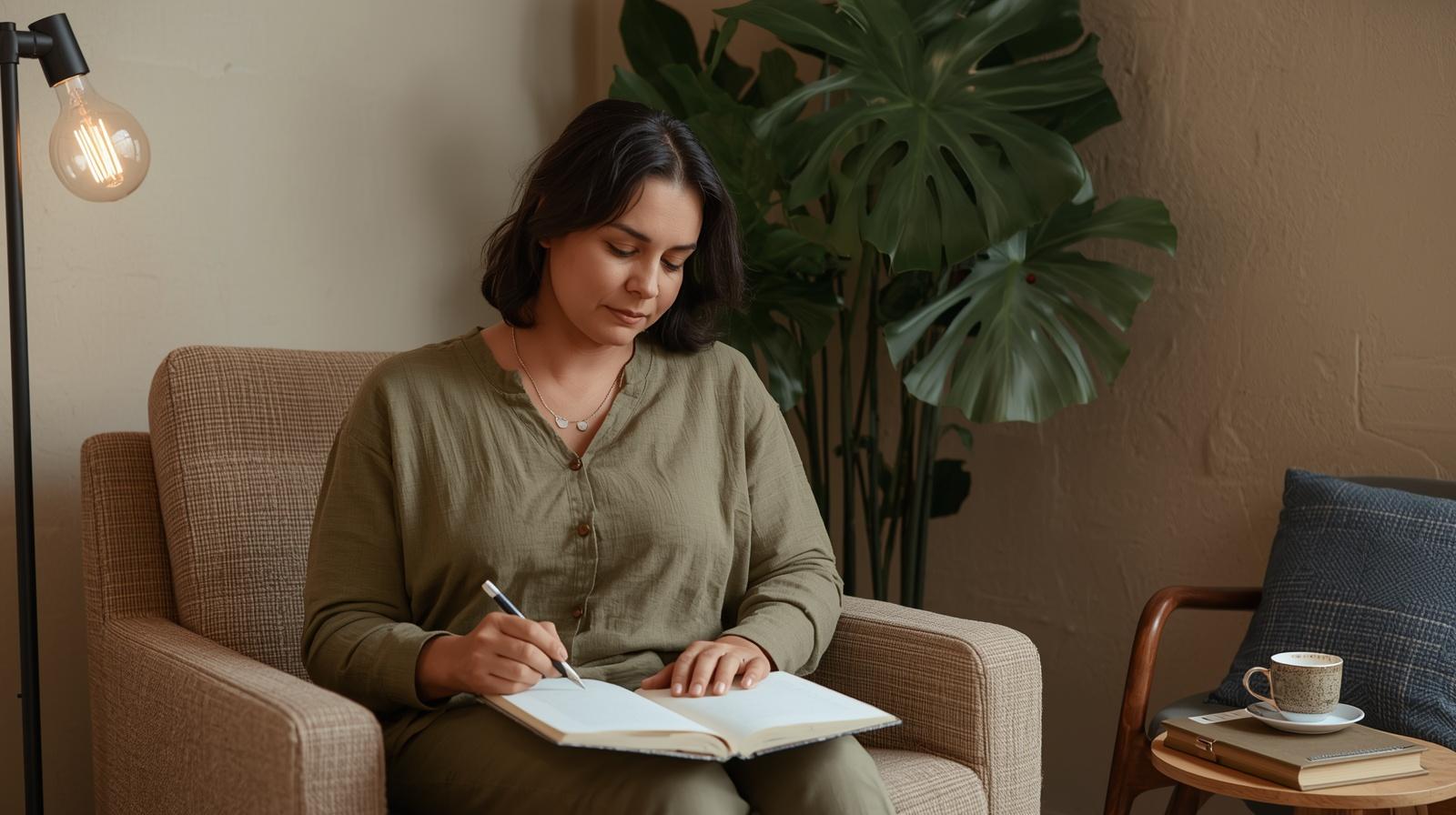 Mulher adulta em pausa reflexiva com caderno aberto no colo em ambiente doméstico acolhedor — autoconhecimento para aprender