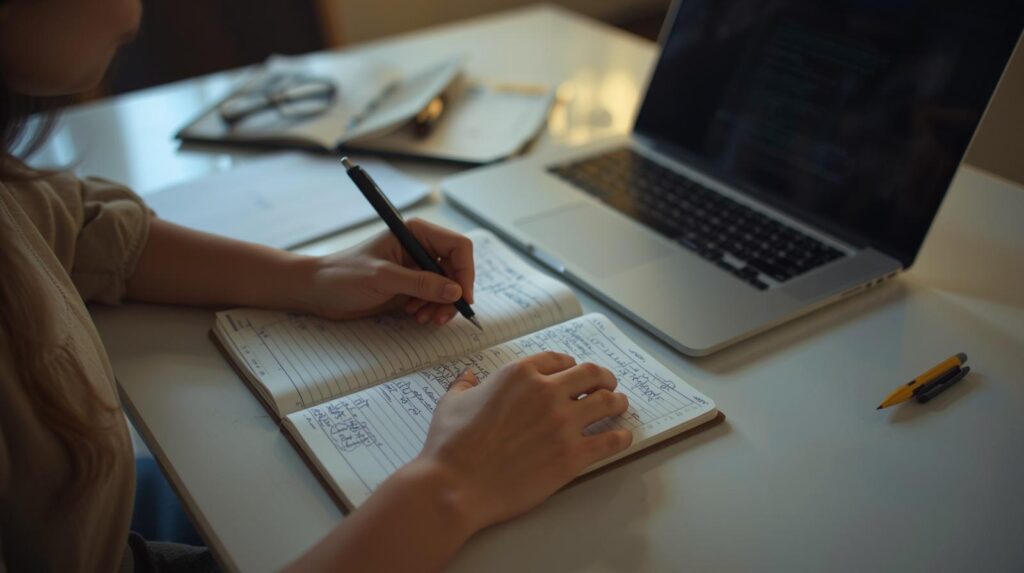 Mãos anotando em caderno ao lado de laptop — aprendizagem ativa com cursos online