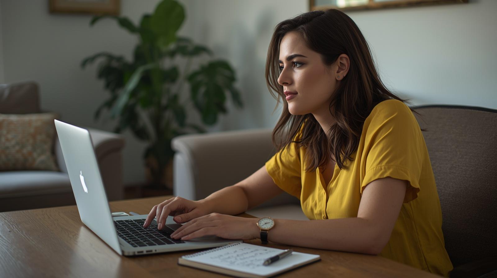 Mulher adulta estudando com laptop em casa — cursos online e aprendizagem
