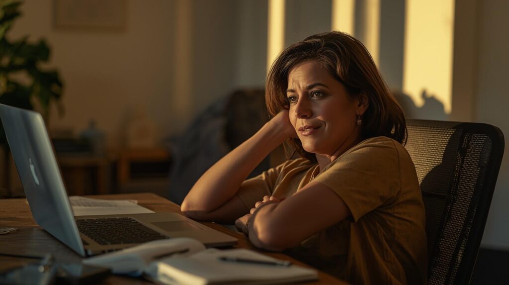 Mulher adulta em pausa reflexiva diante do laptop — aprendizagem consciente com cursos online.