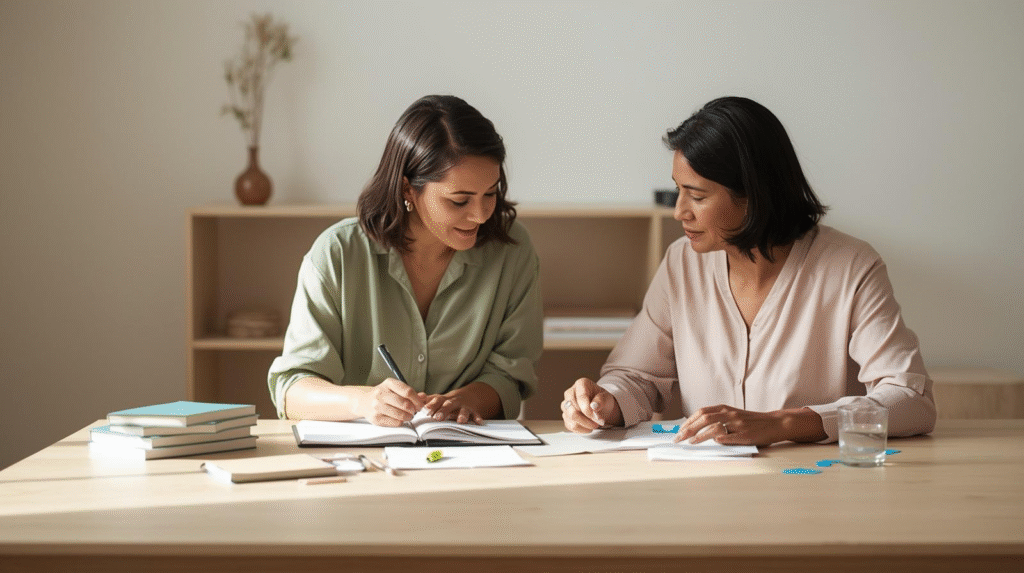 Duas mulheres adultas em troca empática — buscar perspectiva externa quando as dificuldades ensinam