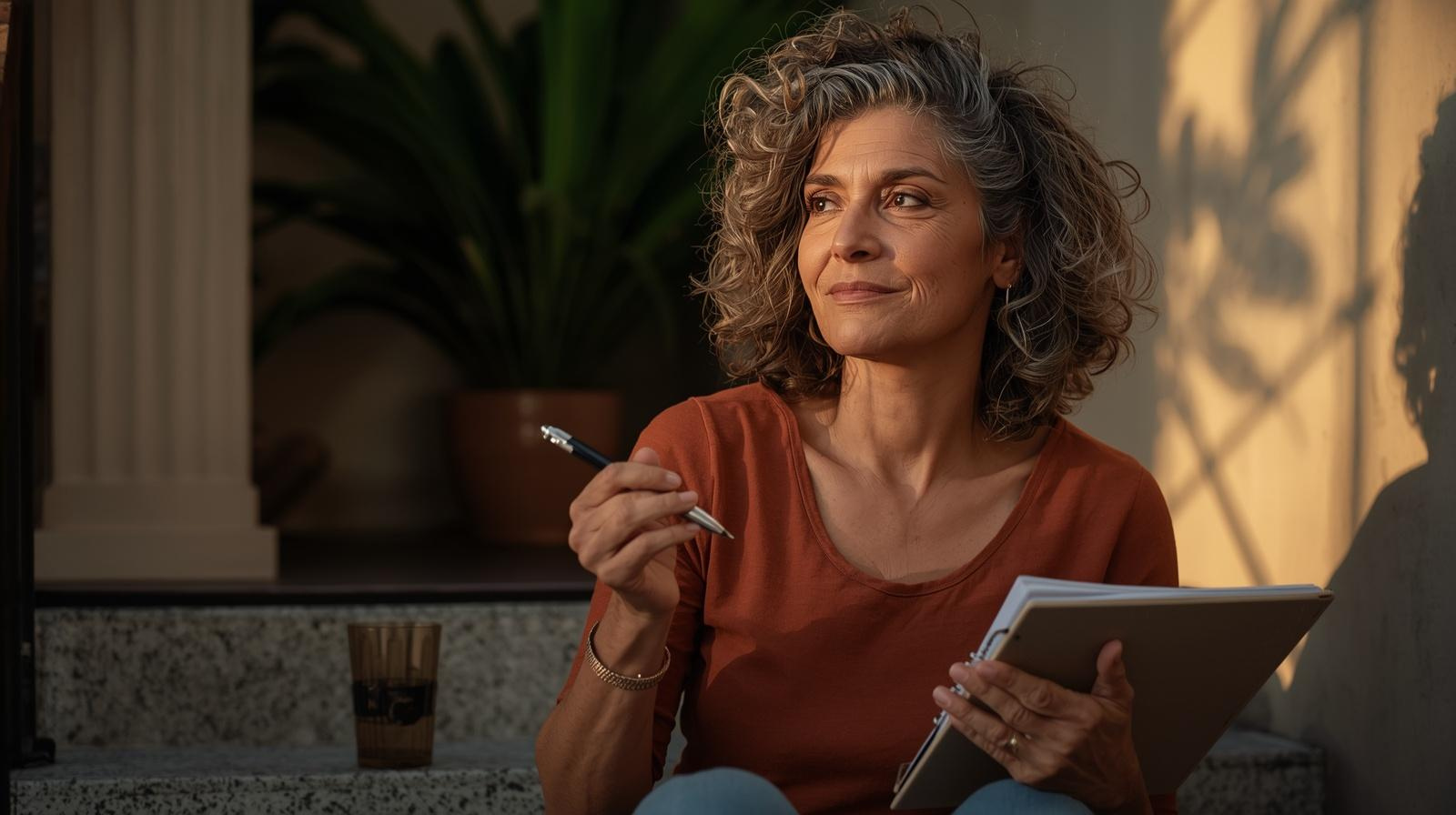 Mulher adulta em pausa reflexiva com caderno fechado — as dificuldades ensinam quando paramos para ouvi-las