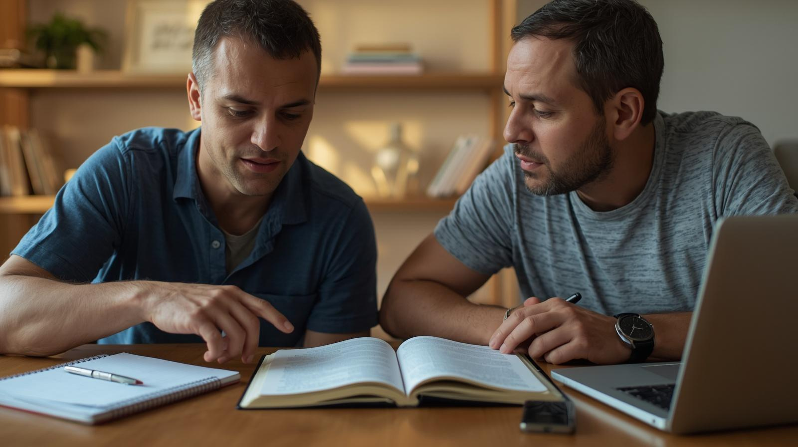 Dois adultos estudando juntos com apostila — ensino de pares como prática real de aprendizagem