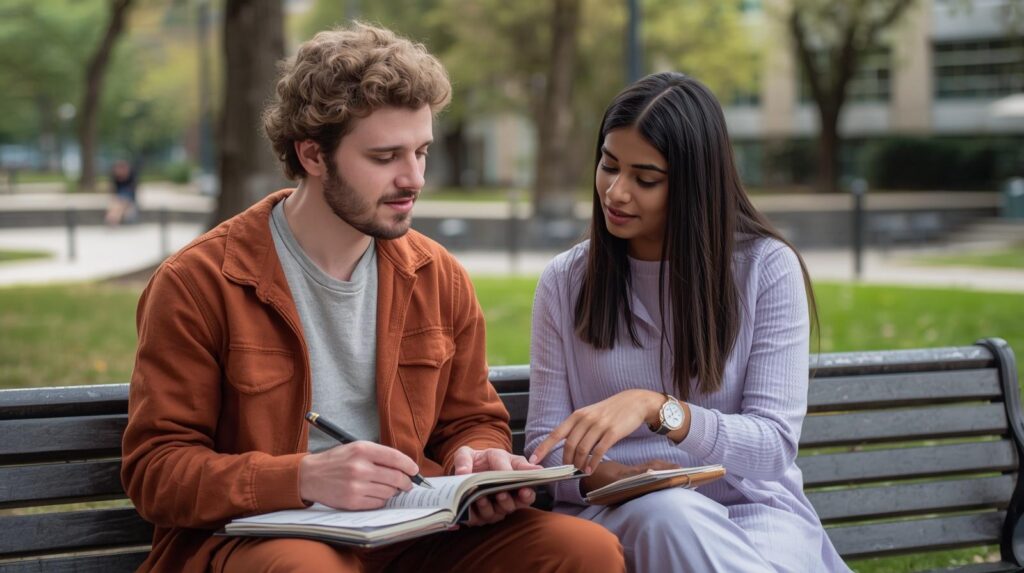 Dois jovens estudando juntos em pátio universitário — ensino de pares na prática como troca ativa