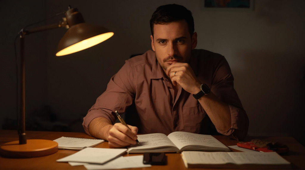 Homem estudando sozinho com caderno — preparação para o ensino de pares e organização do raciocínio.