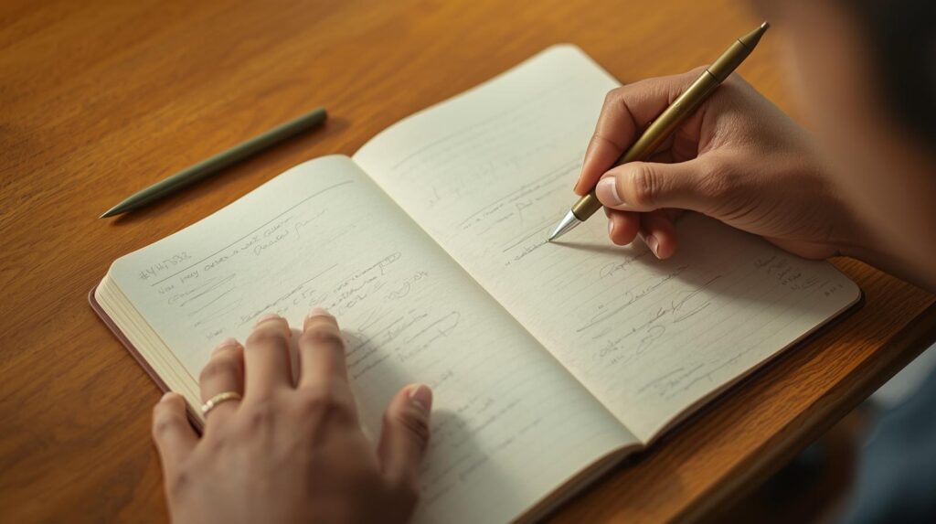 Mãos escrevendo em caderno aberto — registrar experiências de aprendizado transforma o fracasso em catalisador.