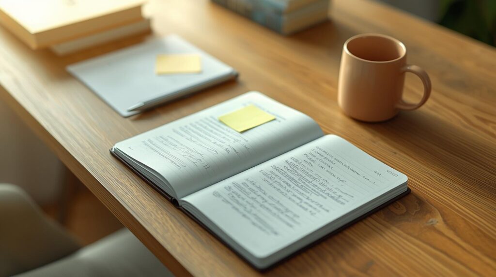 Mesa de estudo com caderno aberto e caneta ao lado — pausa reflexiva no processo de aprender com o erro.
