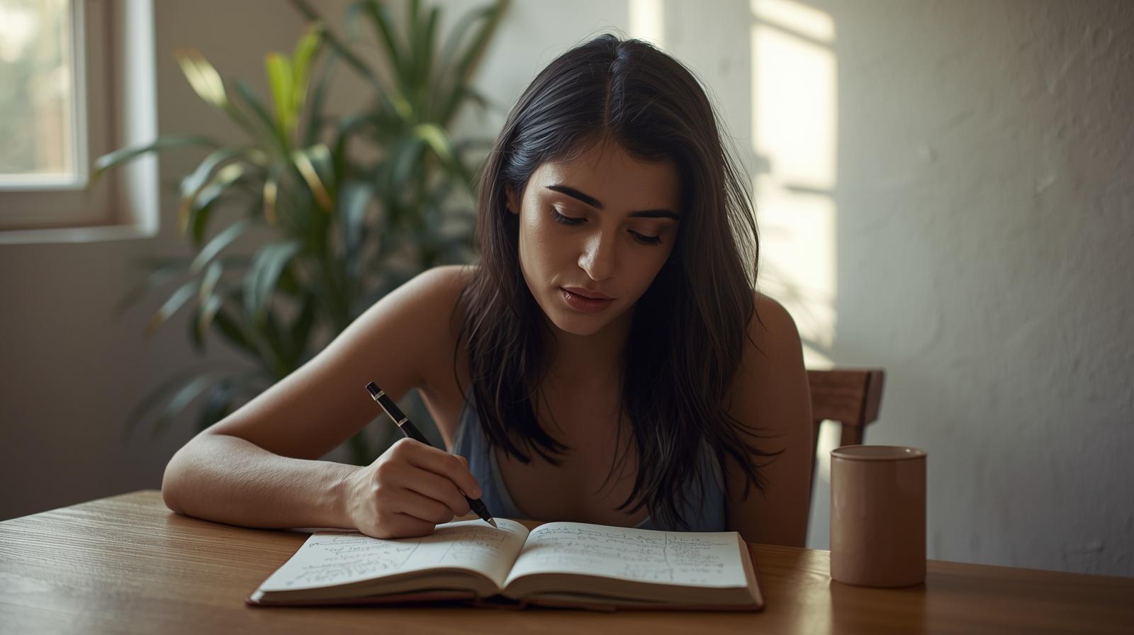 Jovem em pausa reflexiva com caderno aberto — fracasso como catalisador do aprendizado.