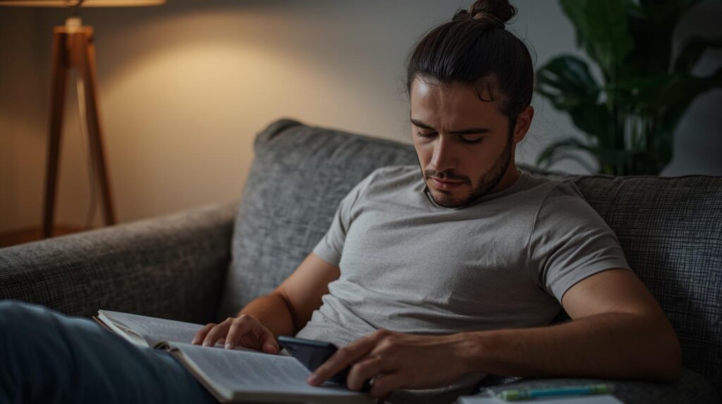 Homem adulto sublinha apostila com concentração — estudo ativo e motivação na aprendizagem em ambiente doméstico