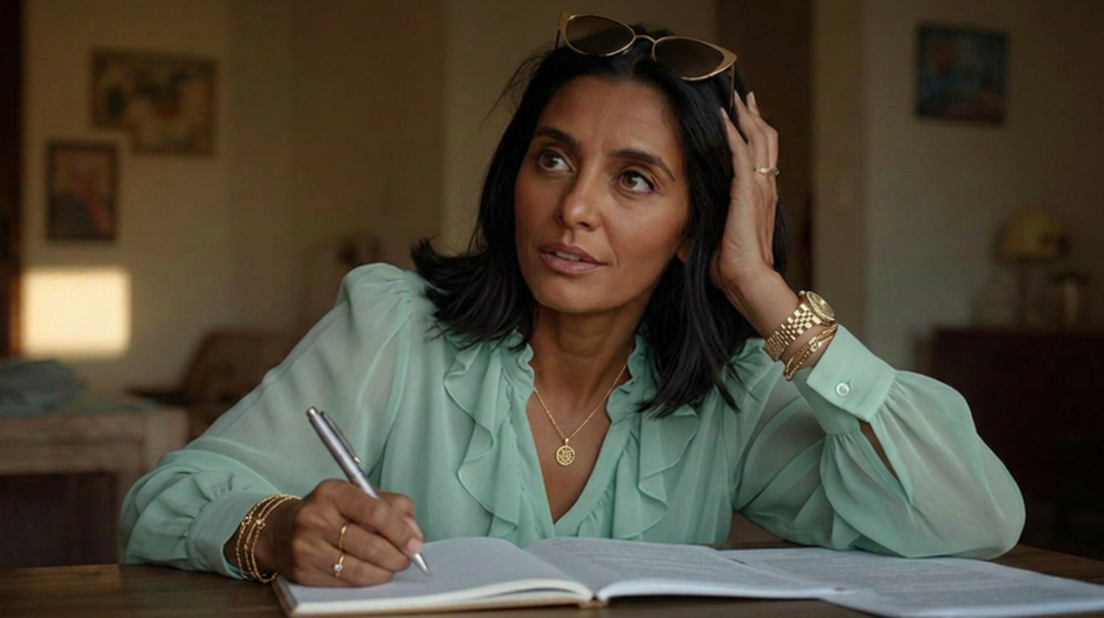 Mulher adulta com caderno aberto e olhar reflexivo — motivação no processo de aprendizagem em ambiente doméstico