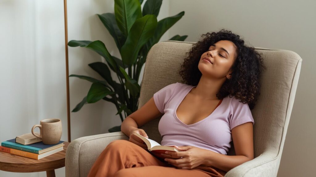 Jovem mulher em pausa consciente no sofá com livro — aprendizagem e descanso intencional