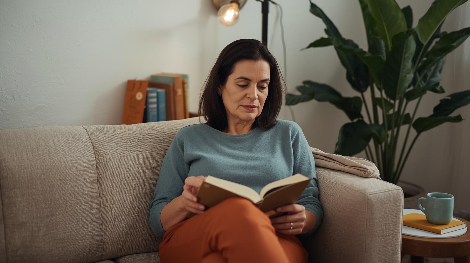 Mulher adulta lendo concentrada no sofá em ambiente doméstico — neurociência e aprendizagem