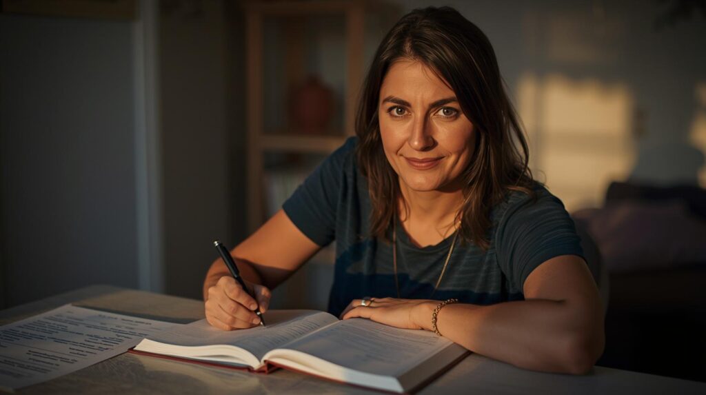Mulher adulta anota observações em caderno de estudo — acompanhar o progresso na aprendizagem
