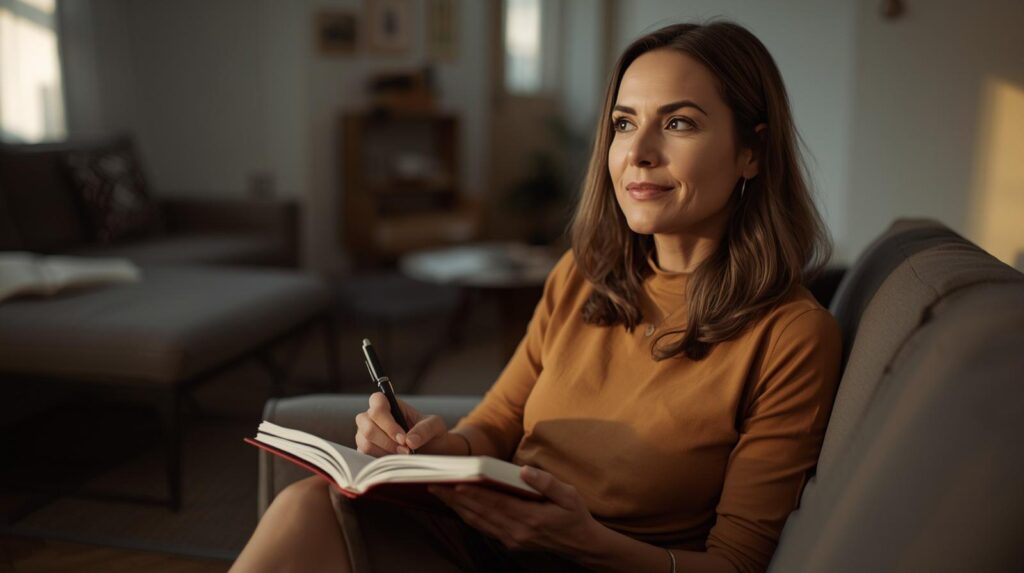 Mulher adulta em pausa reflexiva com caderno no colo — autoconhecimento e progresso na aprendizagem