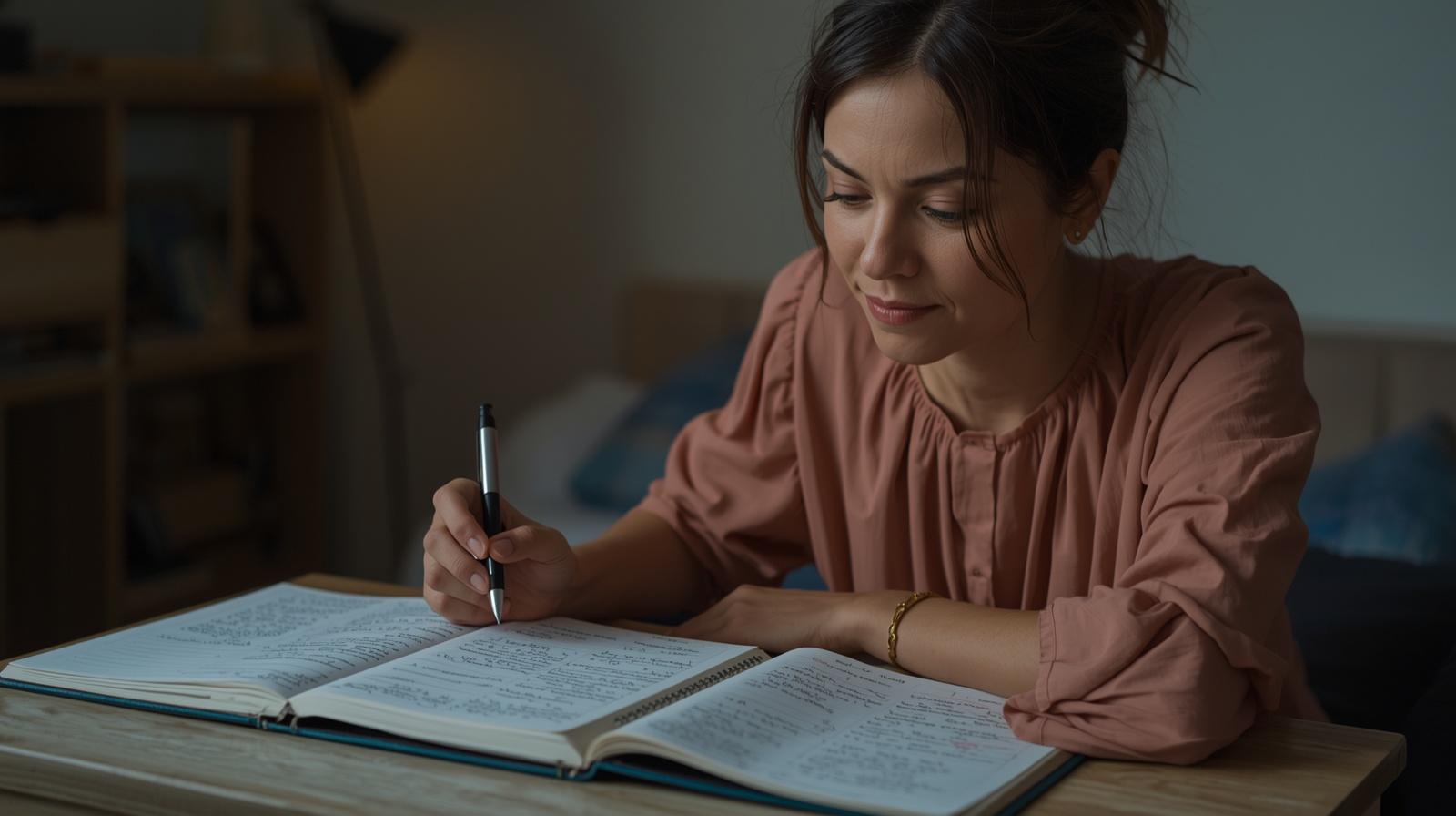 Mulher adulta revisando caderno de anotações em casa — progresso na aprendizagem