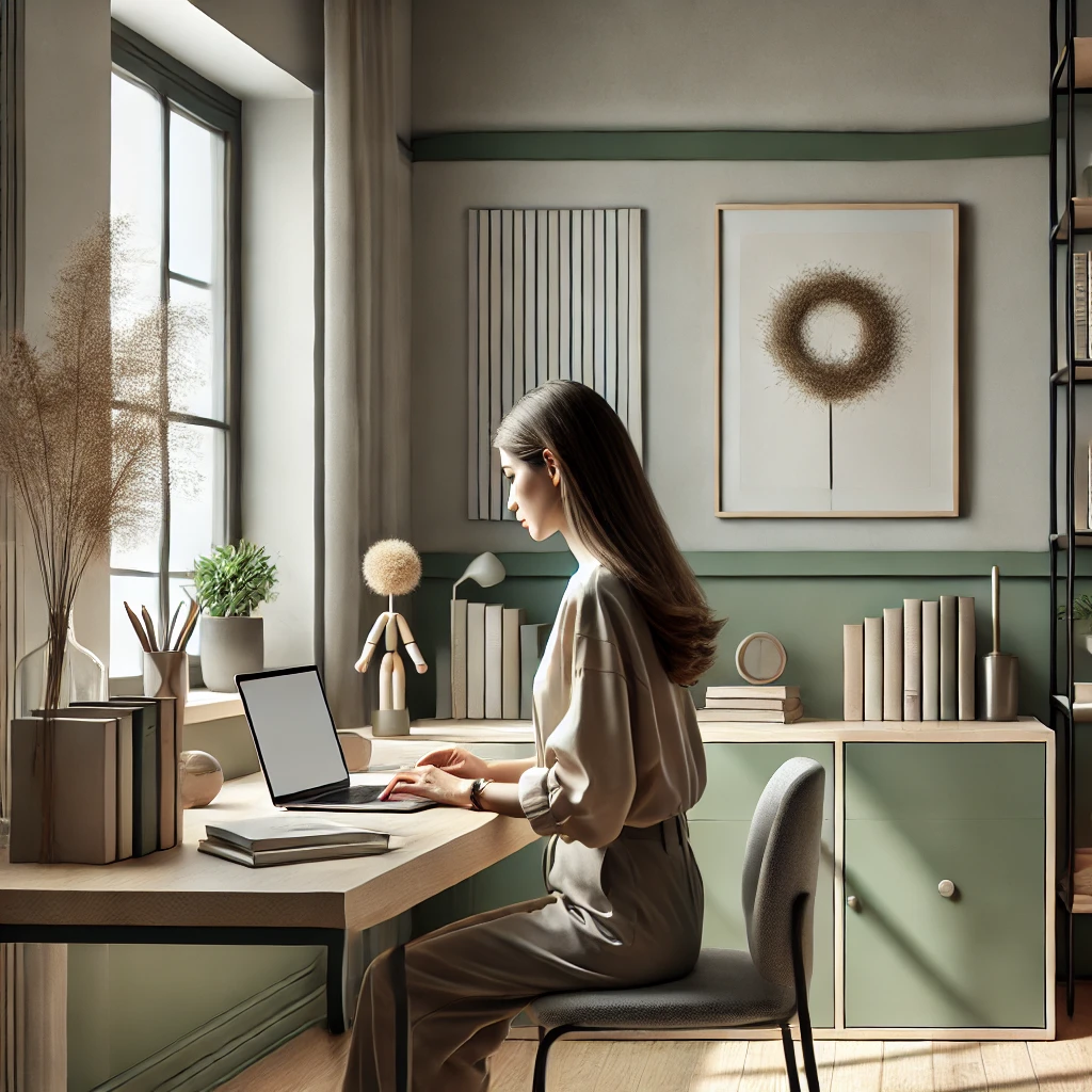 Mulher concentrada estudando em um ambiente minimalista e iluminado, com um laptop aberto, rodeada por livros e plantas.