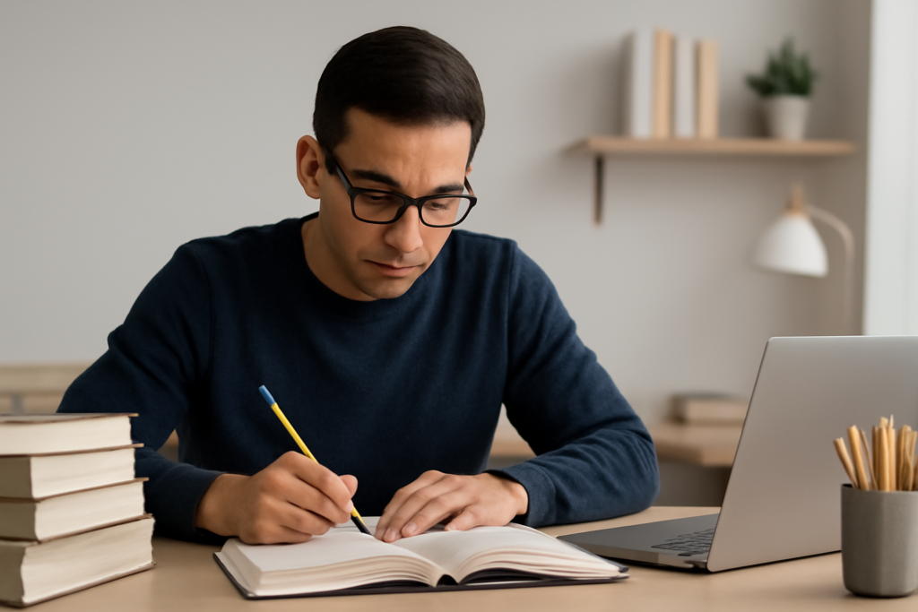 Homem adulto, inteligente e disciplinado, usando óculos, sentado em uma mesa minimalista organizada. Ele está concentrado estudando um livro aberto, segurando um lápis, com vários livros empilhados ao lado e um notebook aberto à sua frente. O ambiente é claro, clean e propício para a concentração, com decoração simples e funcional.