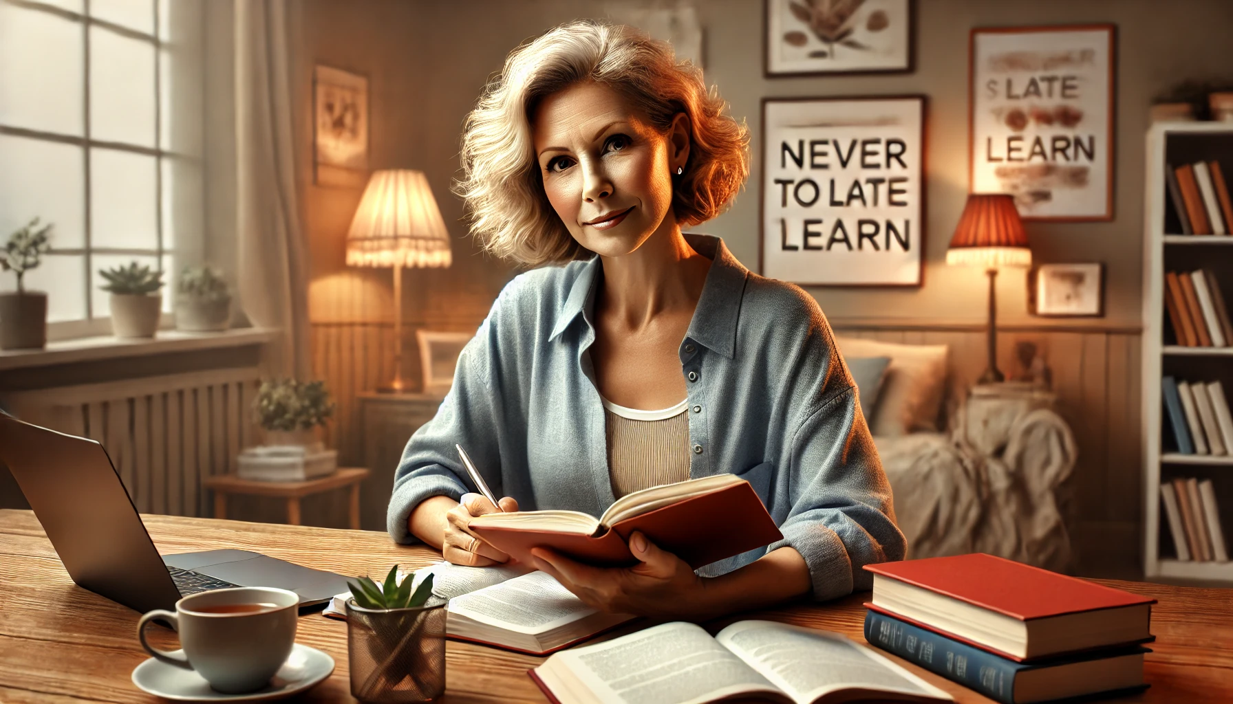 Mulher adulta lendo e anotando em um livro, com um ambiente acolhedor e decorado, com uma xícara de chá e laptop sobre a mesa.