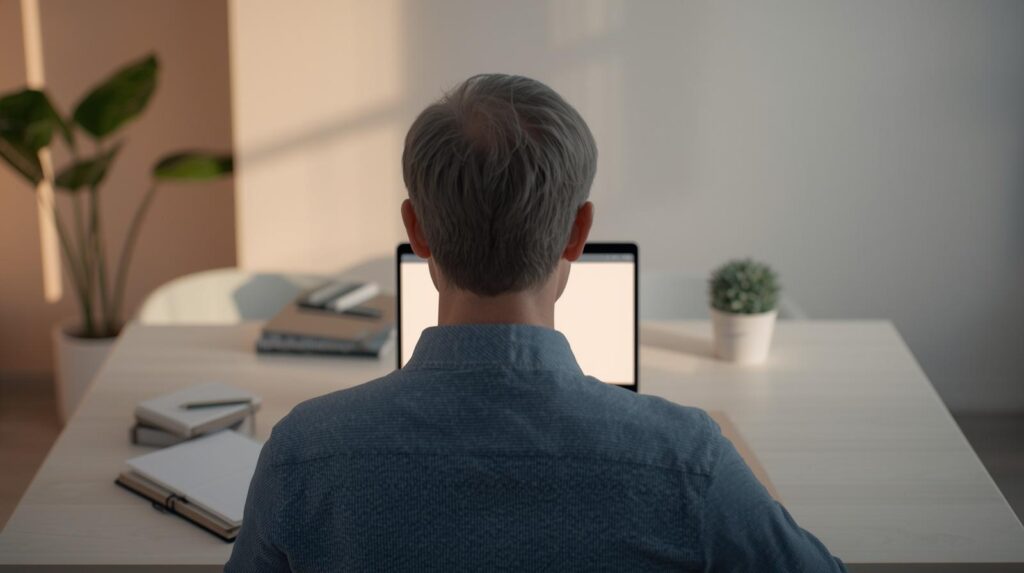 Homem de costas estudando com notebook em ambiente doméstico organizado — ferramentas digitais para estudar