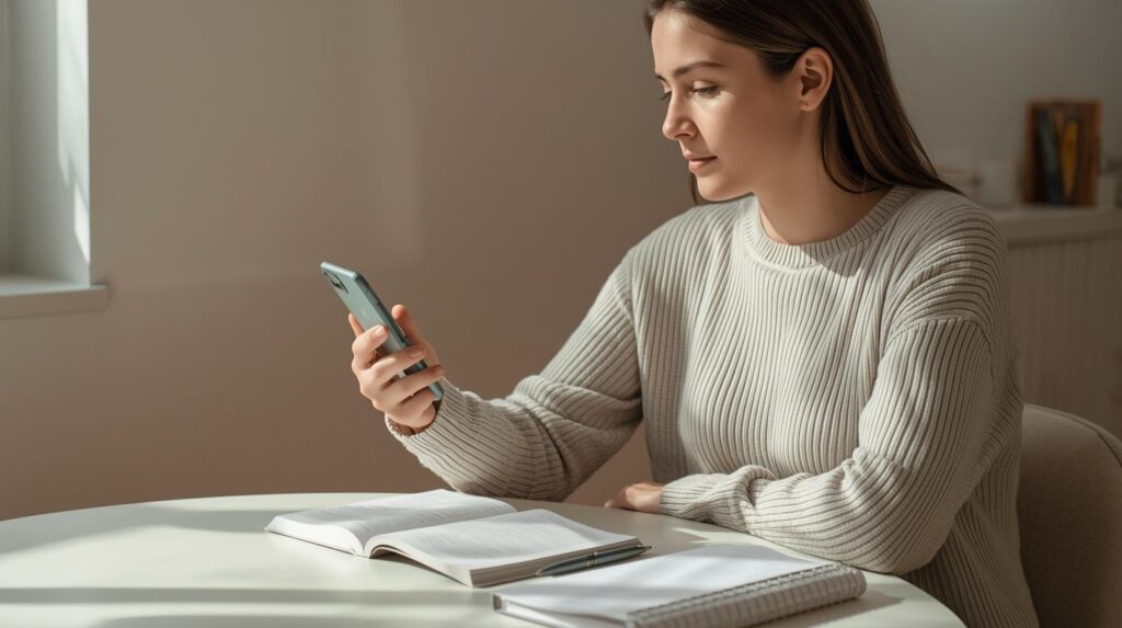 Jovem consultando o celular durante sessão de estudo com caderno aberto — ferramentas digitais para estudar