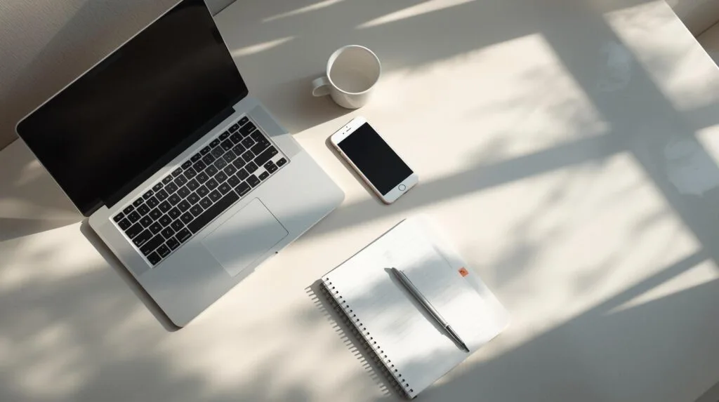 Mesa de estudo organizada com laptop, celular e caderno — ferramentas digitais para estudar