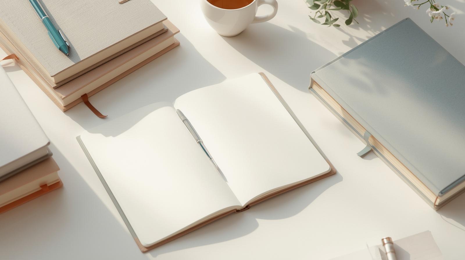 Mesa de estudo organizada com caderno aberto, livros e caneta — ferramentas digitais para estudar