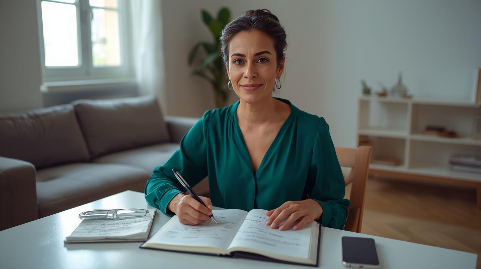 Mulher adulta sentada à mesa com caderno aberto aprendendo a estudar com método