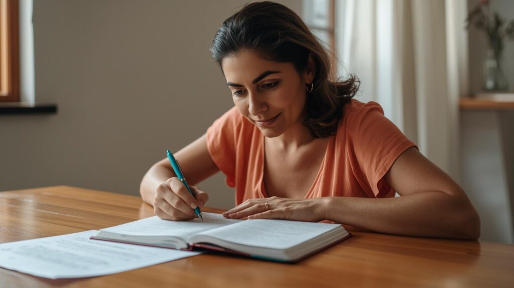 Mulher adulta anotando em caderno aberto durante sessão de aprender a estudar com método